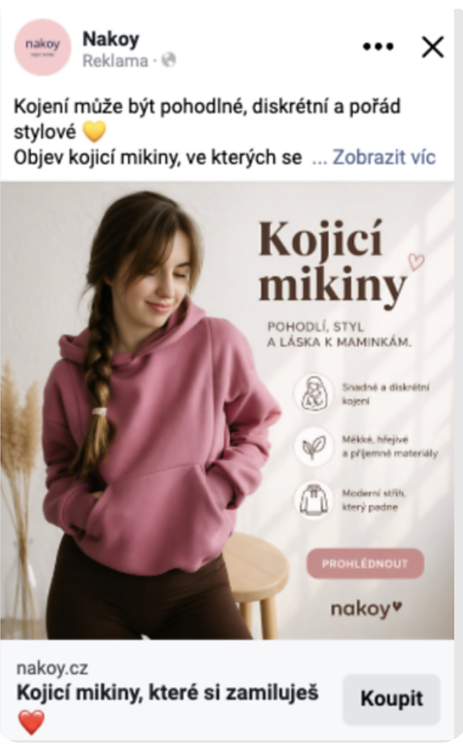 Meta Ads kreativa pro Nakoy - kojicí mikiny