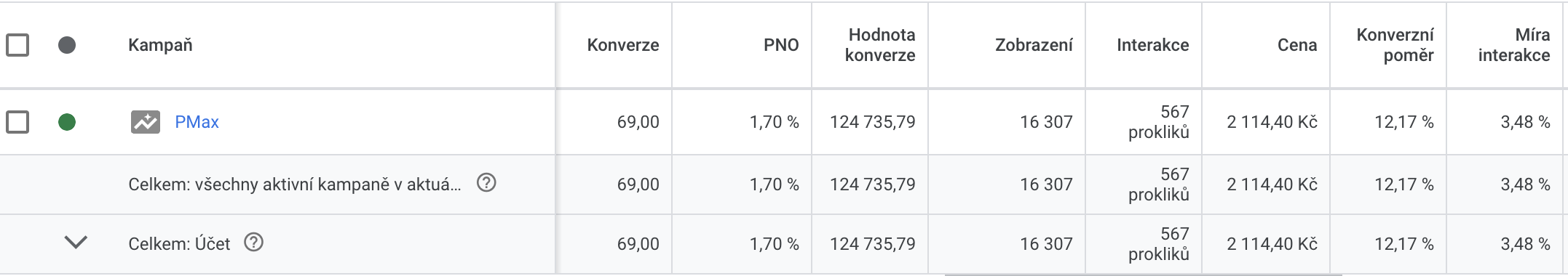 Výpis výkonu Google Ads kampaní z klientského účtu