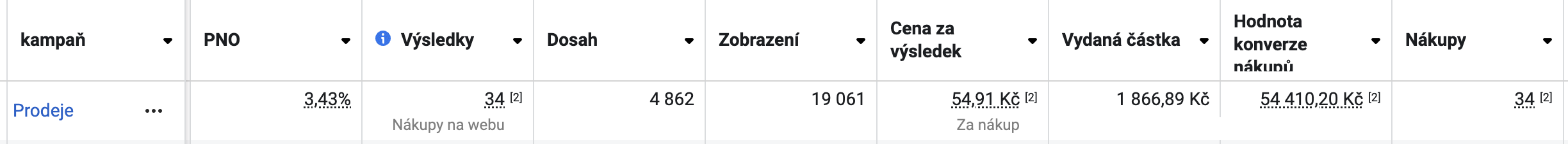 Výpis výkonu Facebook Ads kampaní z klientského účtu