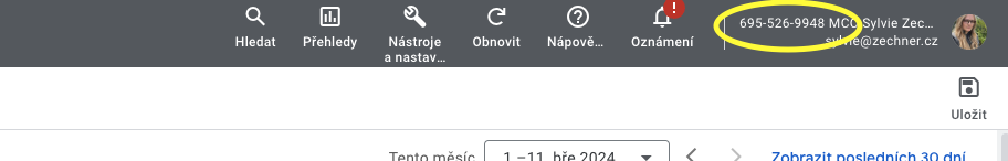 Číslo Google Ads účtu v pravém horním rohu