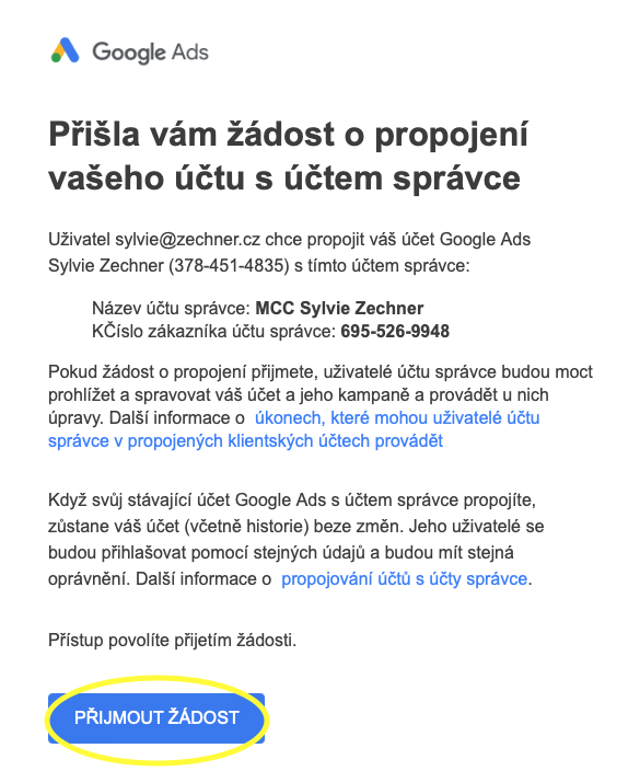 E-mailová pozvánka ke sdílení Google Ads účtu
