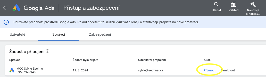Sekce Přístup a zabezpečení v Google Ads