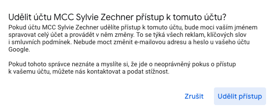 Tlačítko Udělit přístup v Google Ads