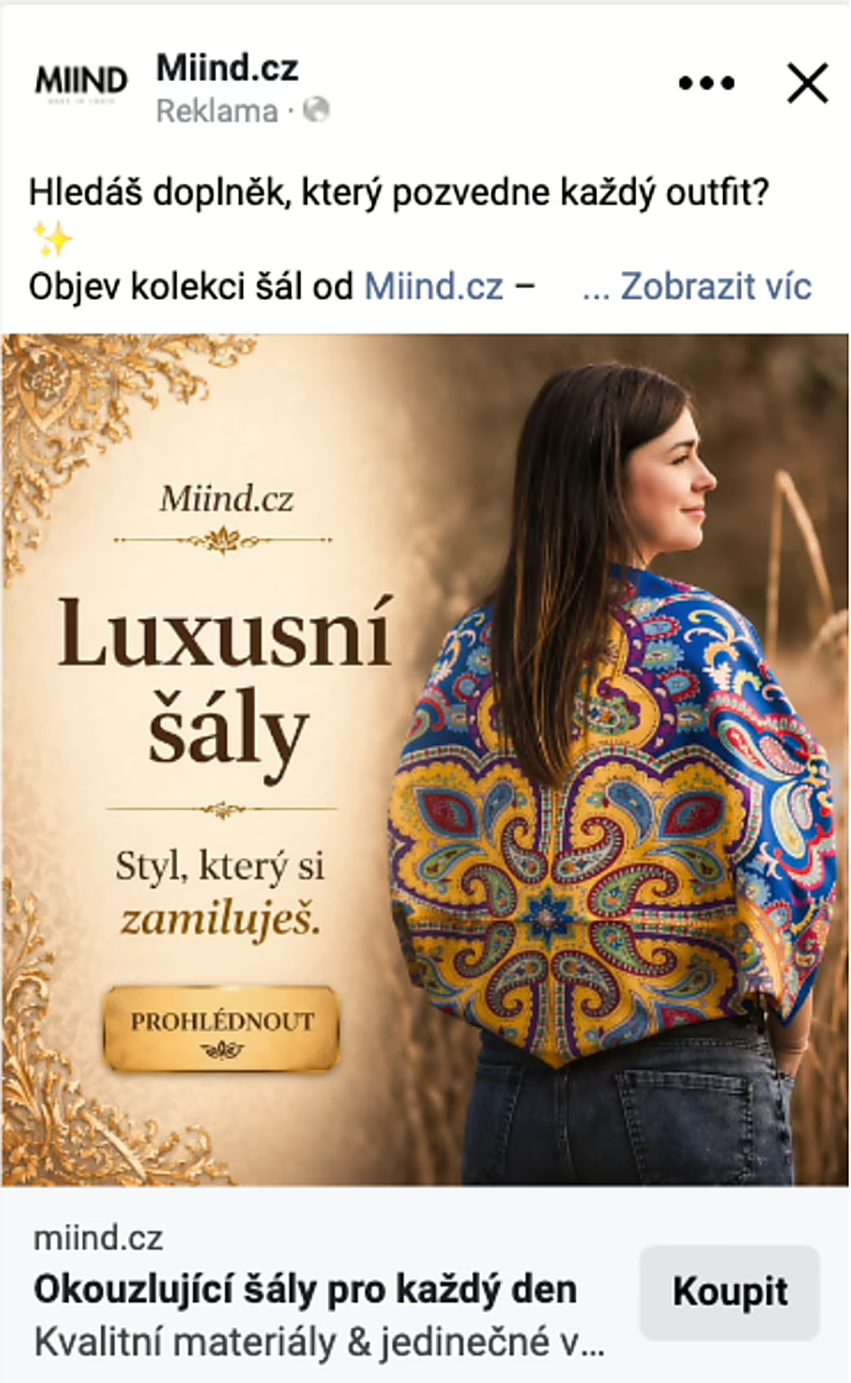 Meta Ads kreativa pro Miind.cz – luxusní šály