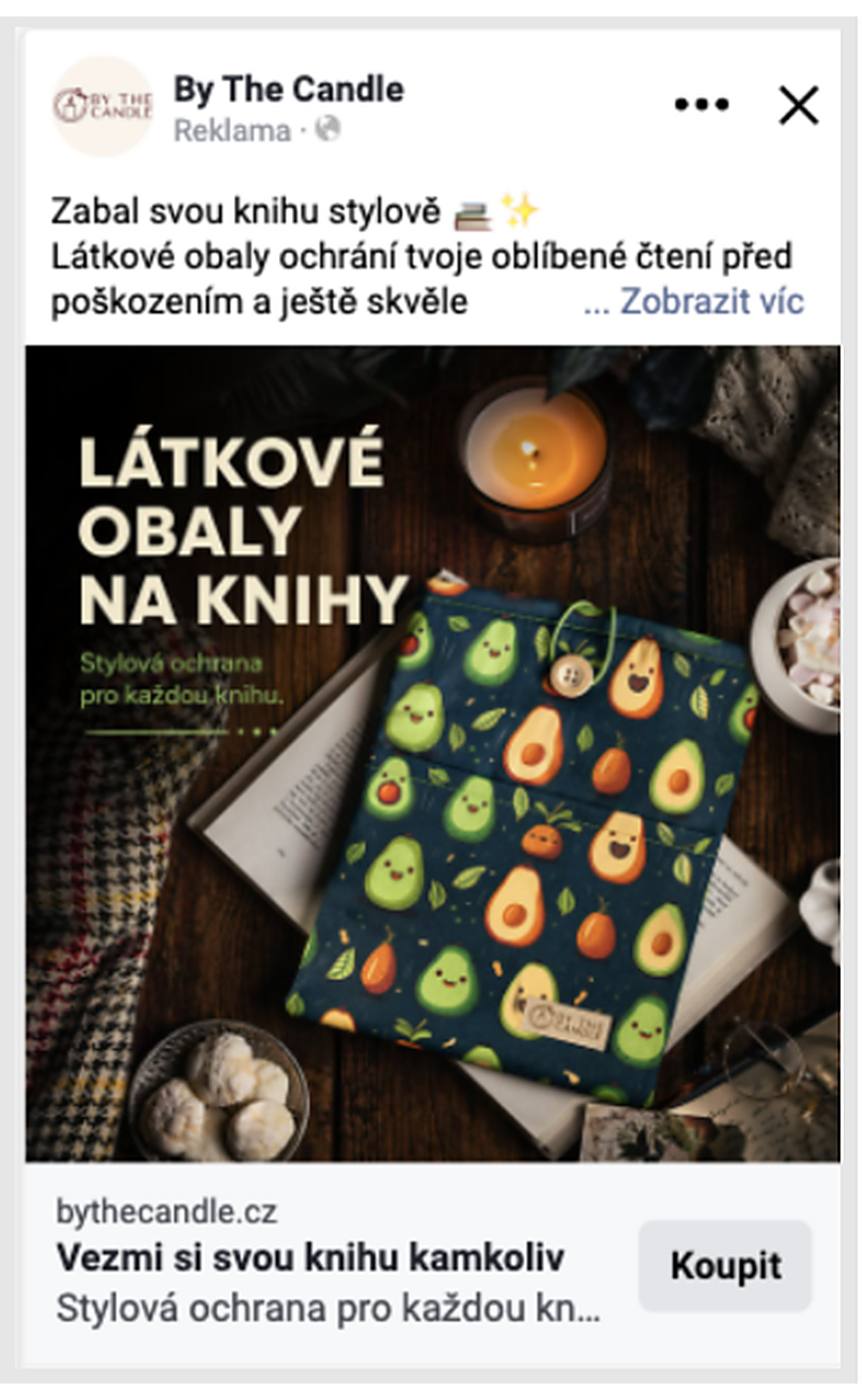 Meta Ads kreativa pro By The Candle – látkové obaly na knihy