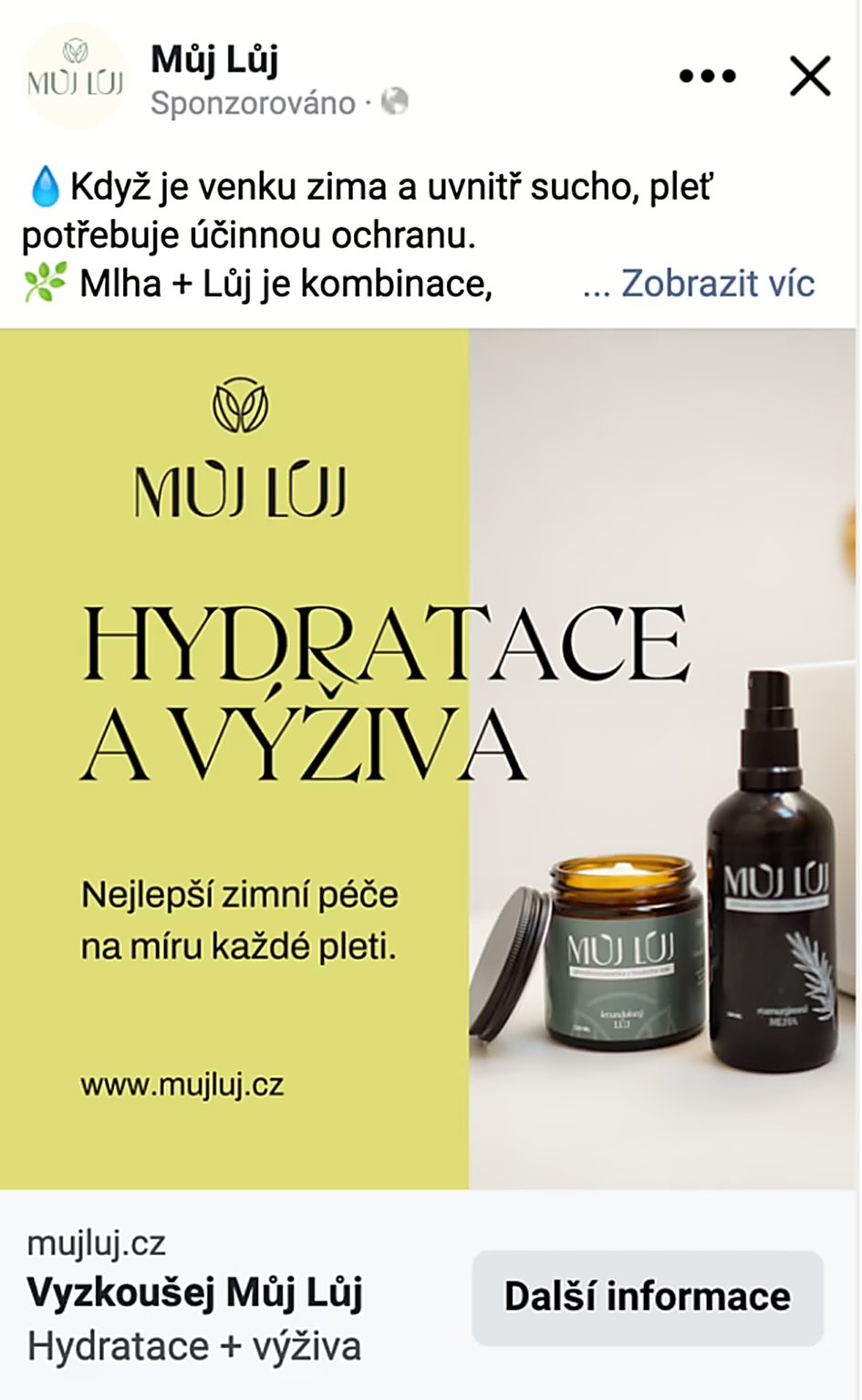 Meta Ads kreativa pro Můj Lůj – přírodní kosmetika