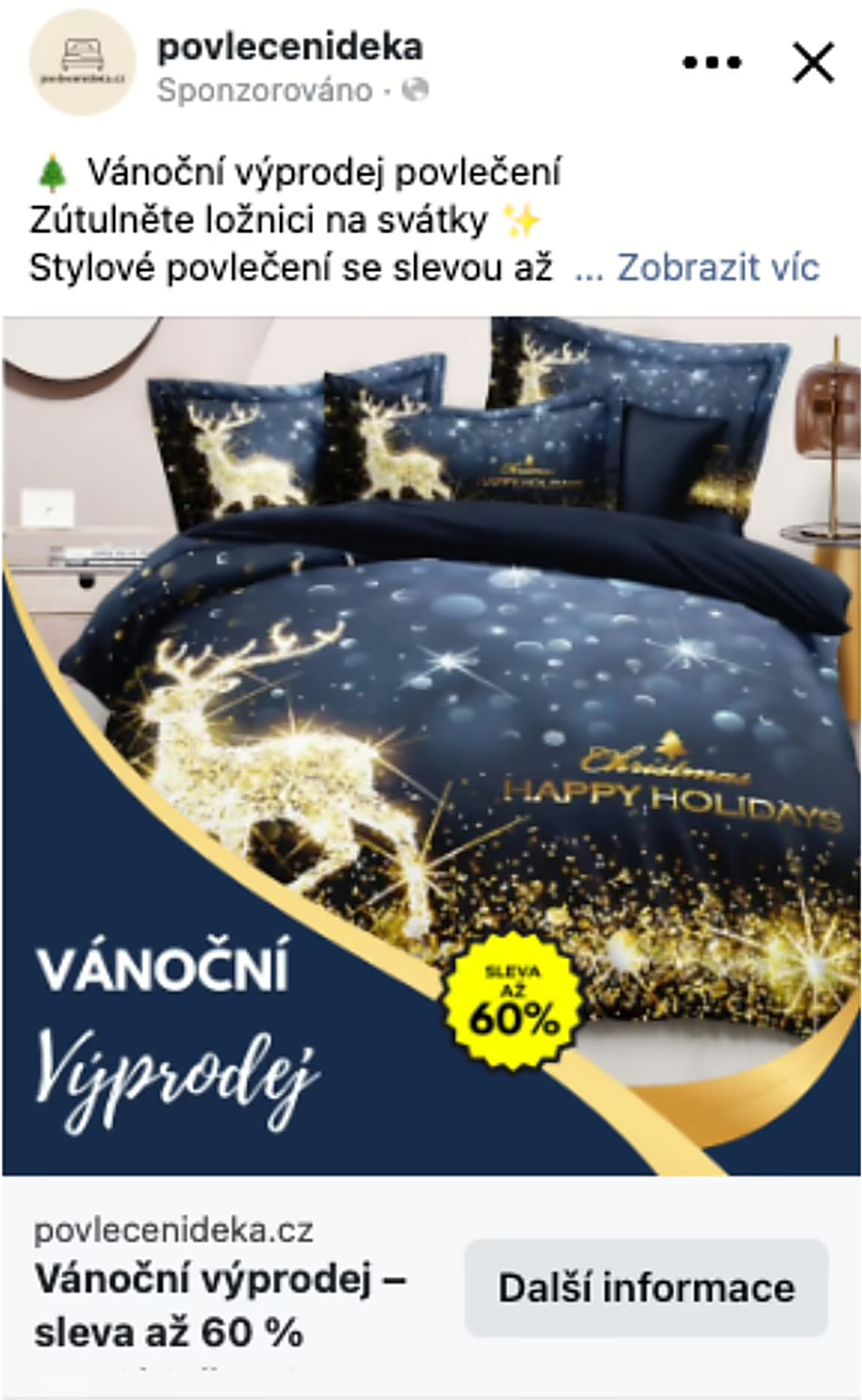 Meta Ads kreativa pro vánoční výprodej povlečení